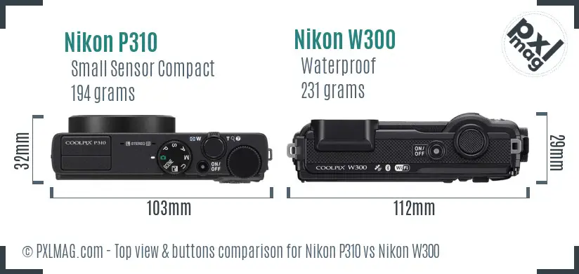 Nikon P310 vs Nikon W300 top view buttons comparison