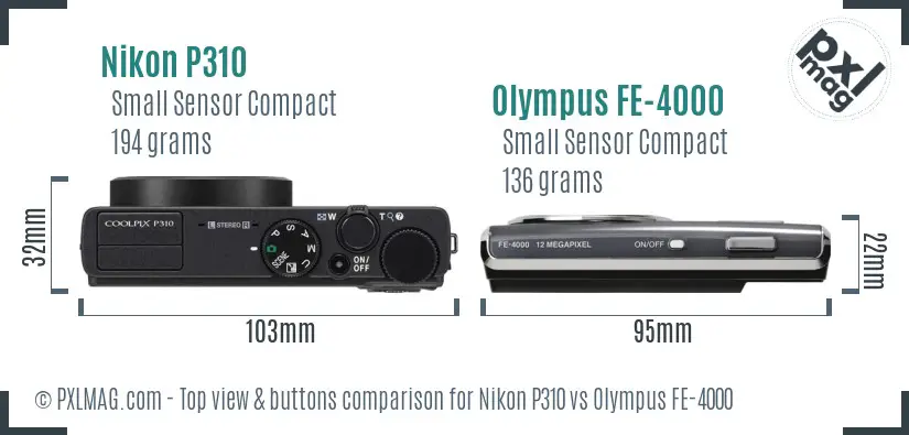 Nikon P310 vs Olympus FE-4000 top view buttons comparison
