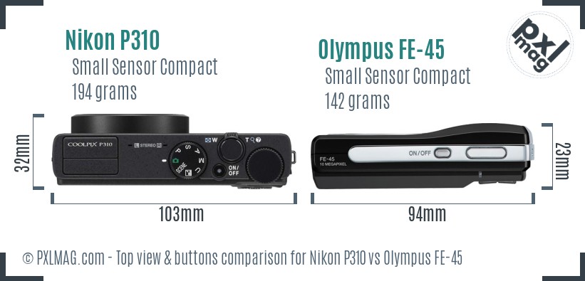Nikon P310 vs Olympus FE-45 top view buttons comparison