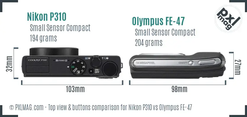 Nikon P310 vs Olympus FE-47 top view buttons comparison