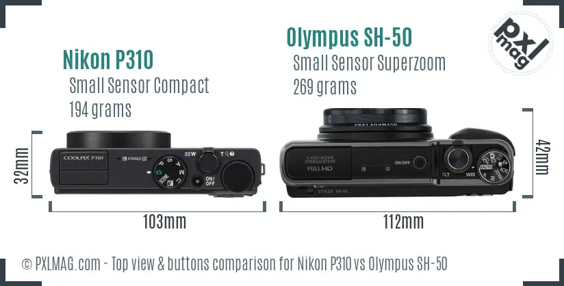 Nikon P310 vs Olympus SH-50 top view buttons comparison