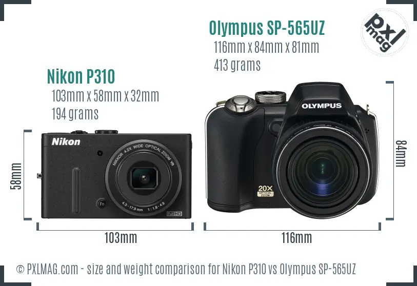 Nikon P310 vs Olympus SP-565UZ size comparison Nikon P310 vs Olympus SP-565UZ size comparison