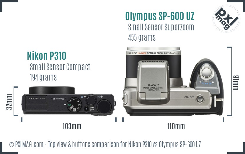 Nikon P310 vs Olympus SP-600 UZ top view buttons comparison