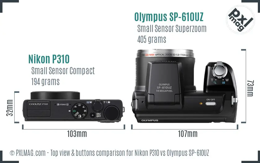 Nikon P310 vs Olympus SP-610UZ top view buttons comparison Nikon P310 vs Olympus SP-610UZ top view buttons comparison