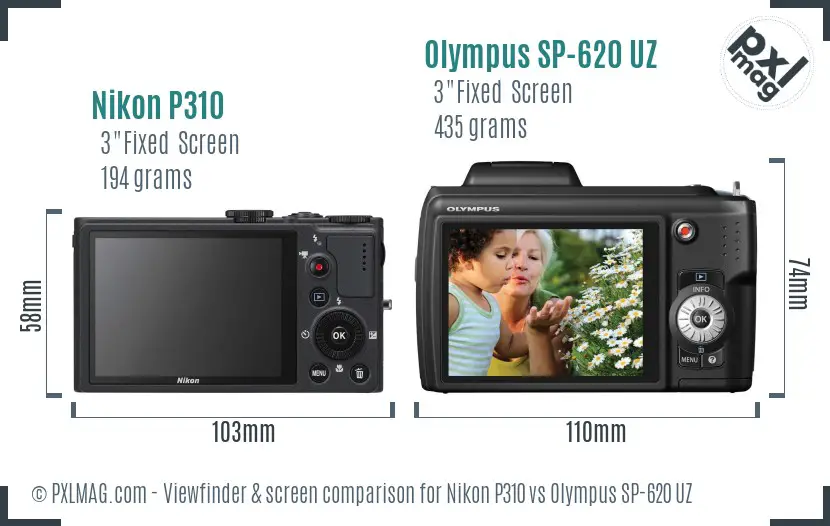 Nikon P310 vs Olympus SP-620 UZ Screen and Viewfinder comparison