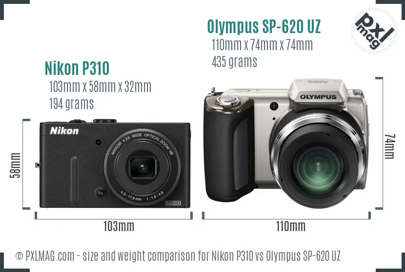 Nikon P310 vs Olympus SP-620 UZ size comparison