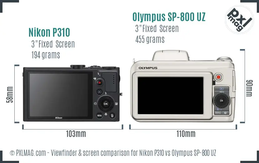 Nikon P310 vs Olympus SP-800 UZ Screen and Viewfinder comparison