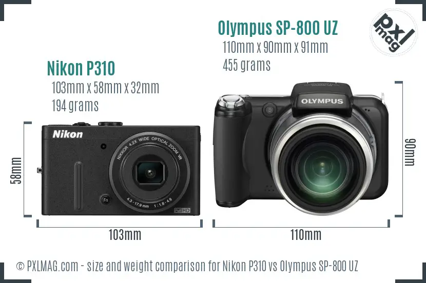 Nikon P310 vs Olympus SP-800 UZ size comparison