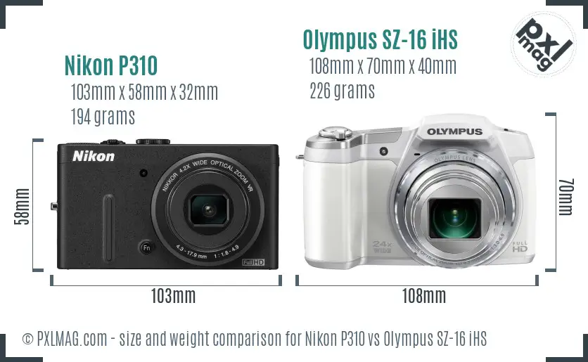 Nikon P310 vs Olympus SZ-16 iHS size comparison Nikon P310 vs Olympus SZ-16 iHS size comparison