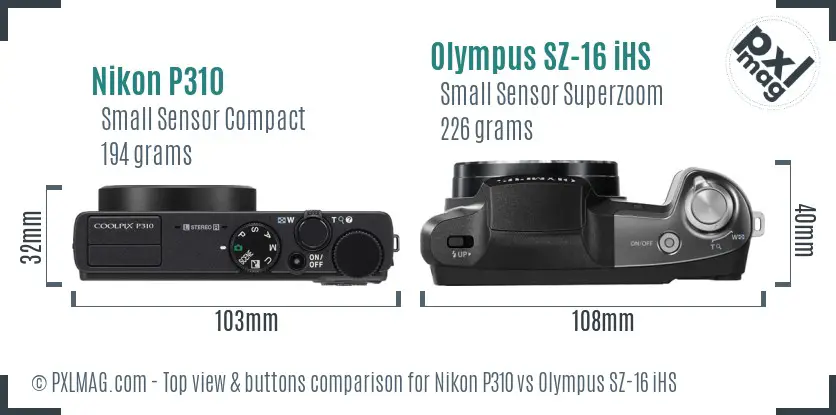 Nikon P310 vs Olympus SZ-16 iHS top view buttons comparison Nikon P310 vs Olympus SZ-16 iHS top view buttons comparison