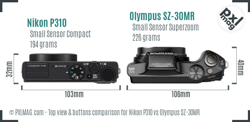 Nikon P310 vs Olympus SZ-30MR top view buttons comparison Nikon P310 vs Olympus SZ-30MR top view buttons comparison