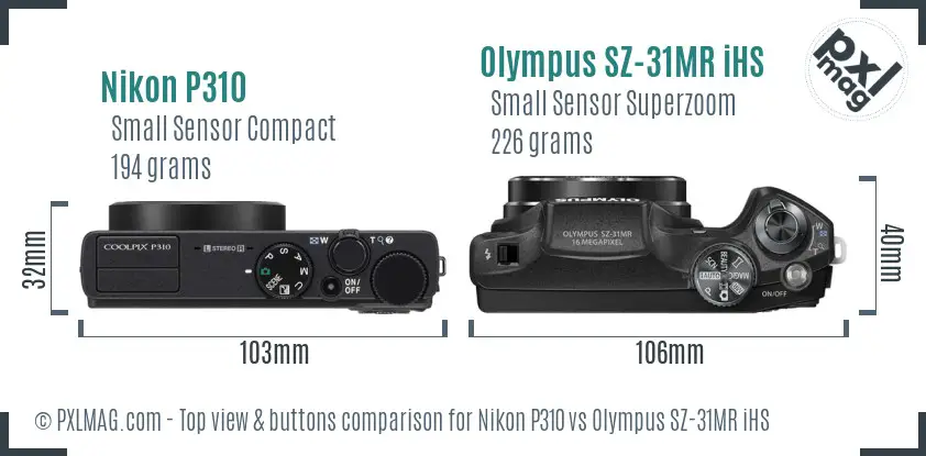 Nikon P310 vs Olympus SZ-31MR iHS top view buttons comparison