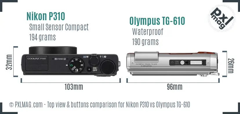 Nikon P310 vs Olympus TG-610 top view buttons comparison Nikon P310 vs Olympus TG-610 top view buttons comparison