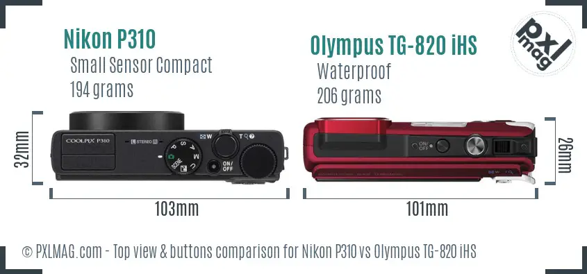 Nikon P310 vs Olympus TG-820 iHS top view buttons comparison Nikon P310 vs Olympus TG-820 iHS top view buttons comparison