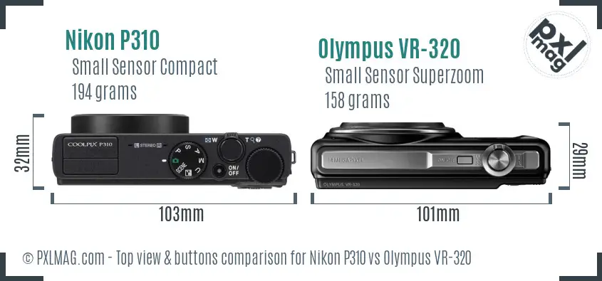 Nikon P310 vs Olympus VR-320 top view buttons comparison Nikon P310 vs Olympus VR-320 top view buttons comparison