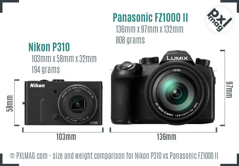 Nikon P310 vs Panasonic FZ1000 II size comparison