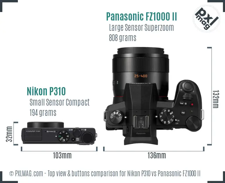 Nikon P310 vs Panasonic FZ1000 II top view buttons comparison