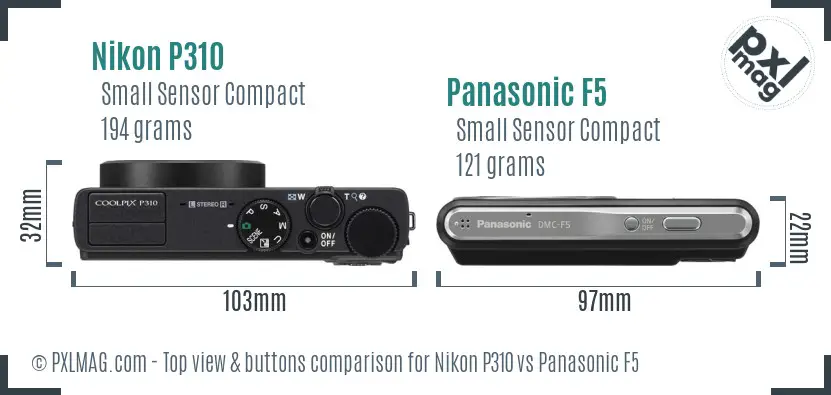 Nikon P310 vs Panasonic F5 top view buttons comparison