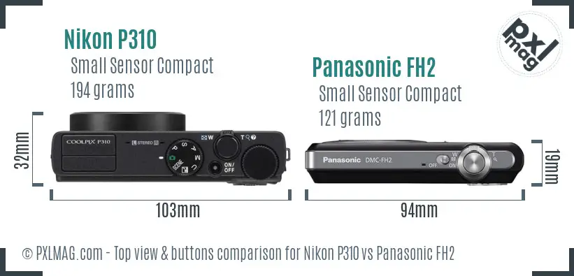 Nikon P310 vs Panasonic FH2 top view buttons comparison Nikon P310 vs Panasonic FH2 top view buttons comparison