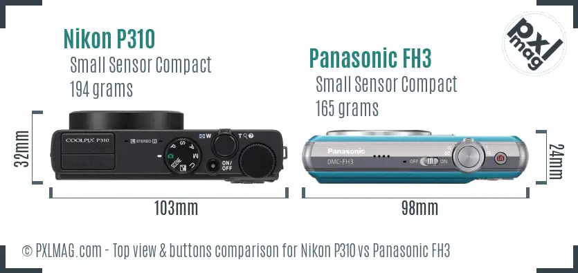Nikon P310 vs Panasonic FH3 top view buttons comparison