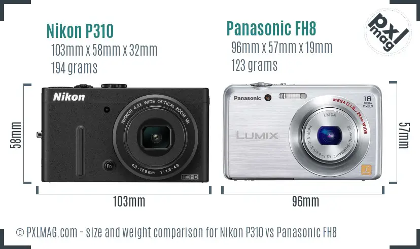 Nikon P310 vs Panasonic FH8 size comparison