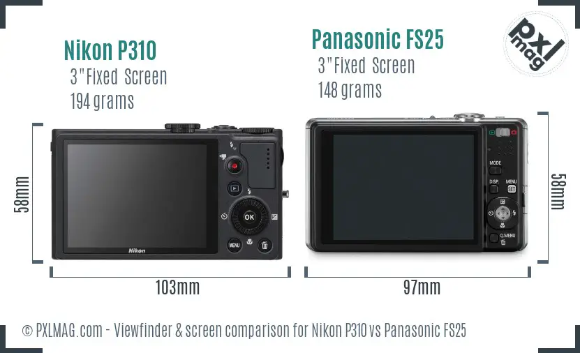 Nikon P310 vs Panasonic FS25 Screen and Viewfinder comparison