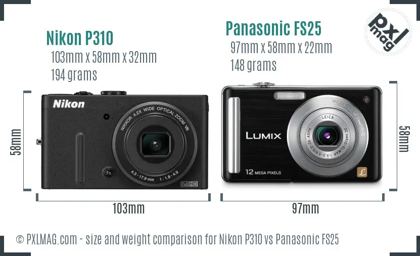 Nikon P310 vs Panasonic FS25 size comparison