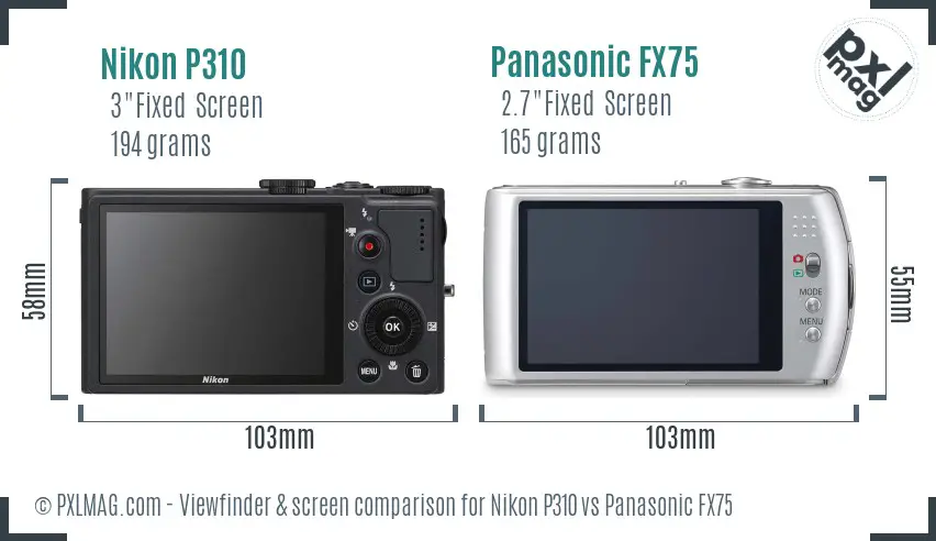 Nikon P310 vs Panasonic FX75 Screen and Viewfinder comparison