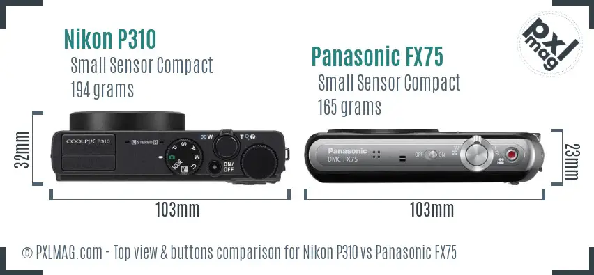Nikon P310 vs Panasonic FX75 top view buttons comparison