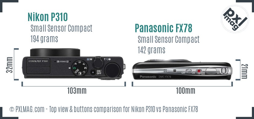 Nikon P310 vs Panasonic FX78 top view buttons comparison