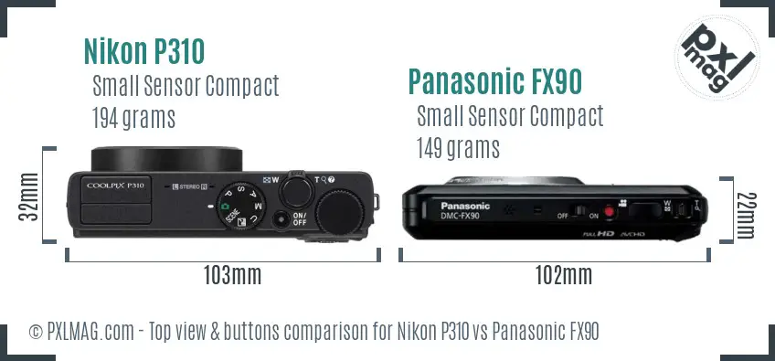 Nikon P310 vs Panasonic FX90 top view buttons comparison