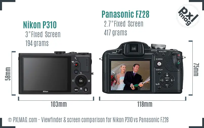 Nikon P310 vs Panasonic FZ28 Screen and Viewfinder comparison