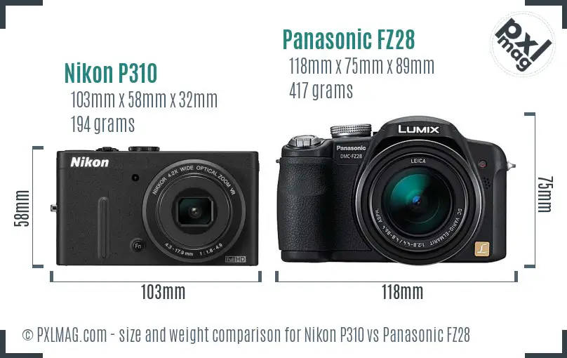 Nikon P310 vs Panasonic FZ28 size comparison