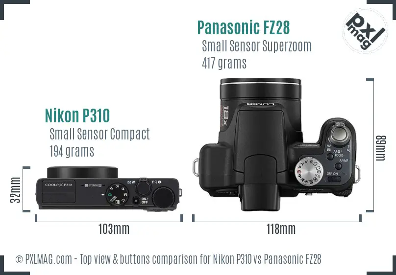 Nikon P310 vs Panasonic FZ28 top view buttons comparison