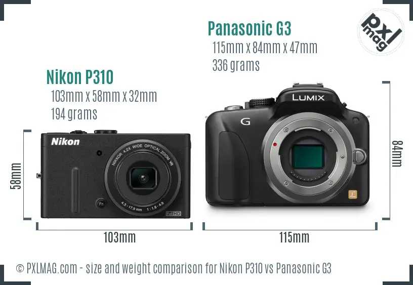 Nikon P310 vs Panasonic G3 size comparison