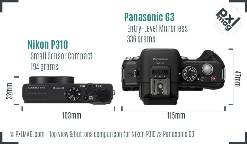 Nikon P310 vs Panasonic G3 top view buttons comparison