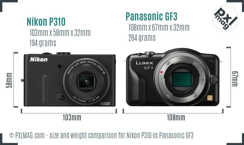Nikon P310 vs Panasonic GF3 size comparison