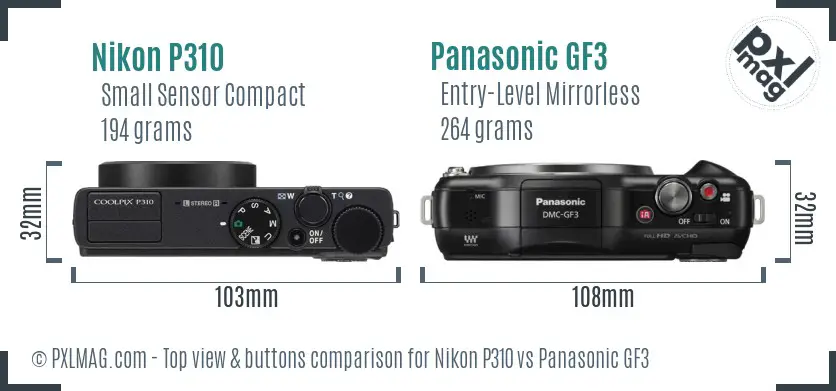 Nikon P310 vs Panasonic GF3 top view buttons comparison