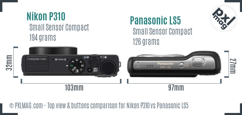 Nikon P310 vs Panasonic LS5 top view buttons comparison