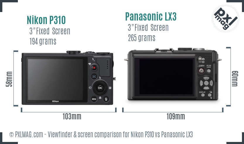 Nikon P310 vs Panasonic LX3 Screen and Viewfinder comparison