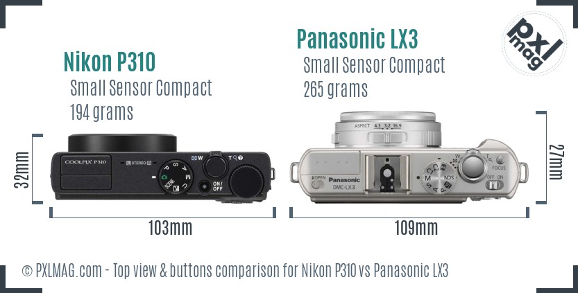 Nikon P310 vs Panasonic LX3 top view buttons comparison