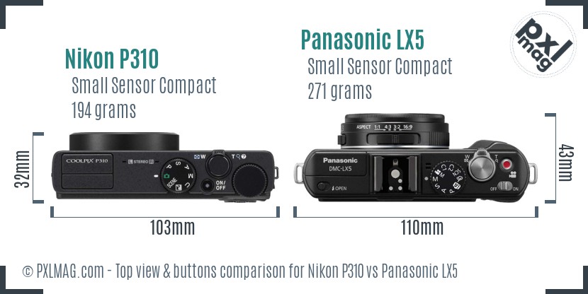 Nikon P310 vs Panasonic LX5 top view buttons comparison