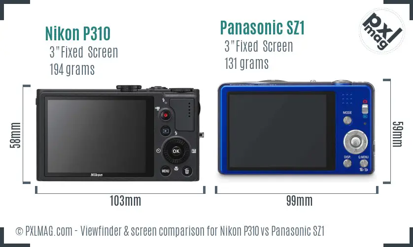 Nikon P310 vs Panasonic SZ1 Screen and Viewfinder comparison