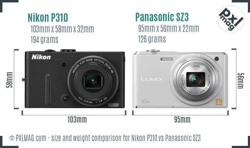 Nikon P310 vs Panasonic SZ3 size comparison