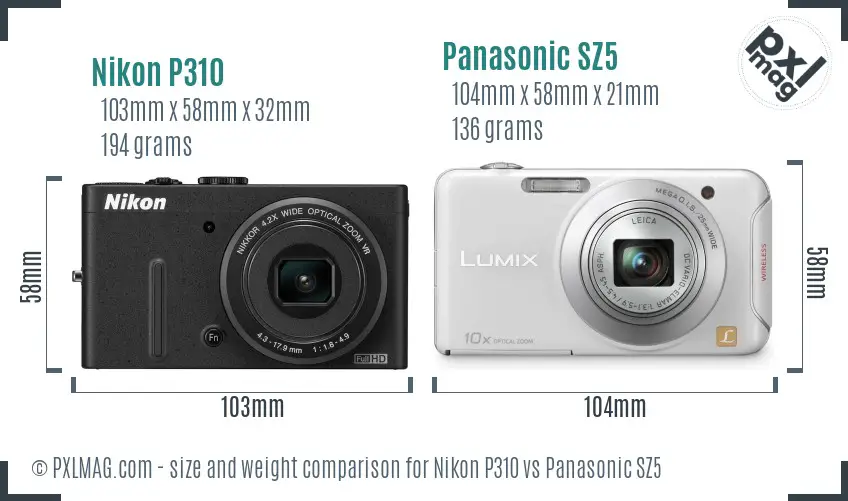 Nikon P310 vs Panasonic SZ5 size comparison