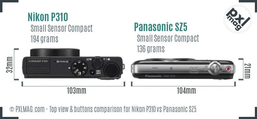 Nikon P310 vs Panasonic SZ5 top view buttons comparison