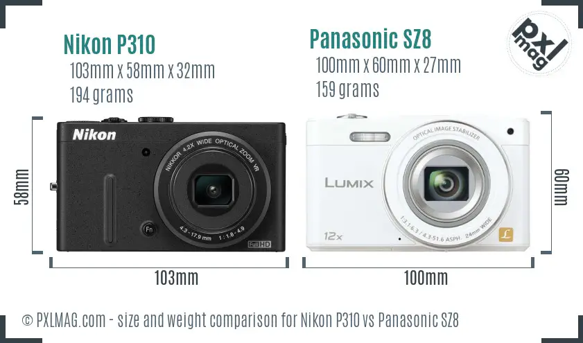 Nikon P310 vs Panasonic SZ8 size comparison