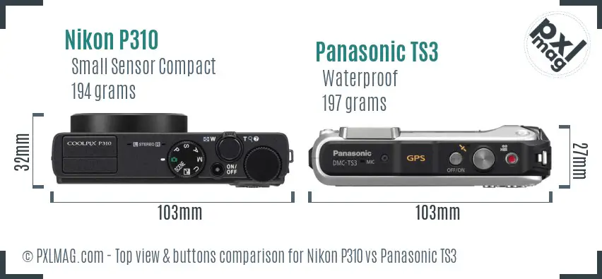 Nikon P310 vs Panasonic TS3 top view buttons comparison Nikon P310 vs Panasonic TS3 top view buttons comparison