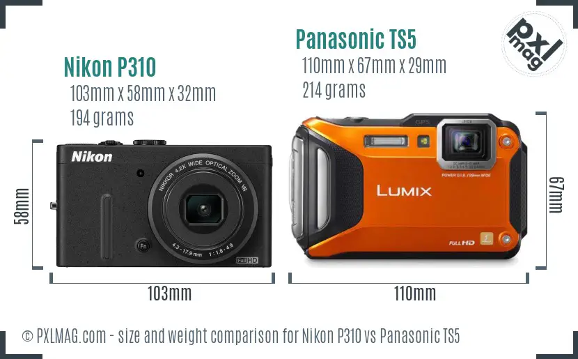 Nikon P310 vs Panasonic TS5 size comparison