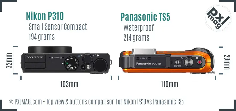 Nikon P310 vs Panasonic TS5 top view buttons comparison